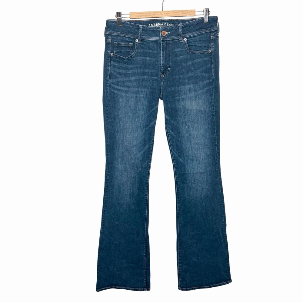 American Eagle Kick Boot Jeans Womens Size 12 Long Mid Rise Stretch Bootcut Dark